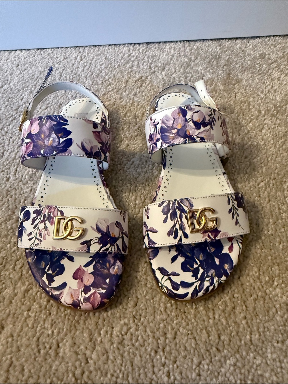 Dolce & Gabbana White Floral Print Kids Sandals with Gold Logo